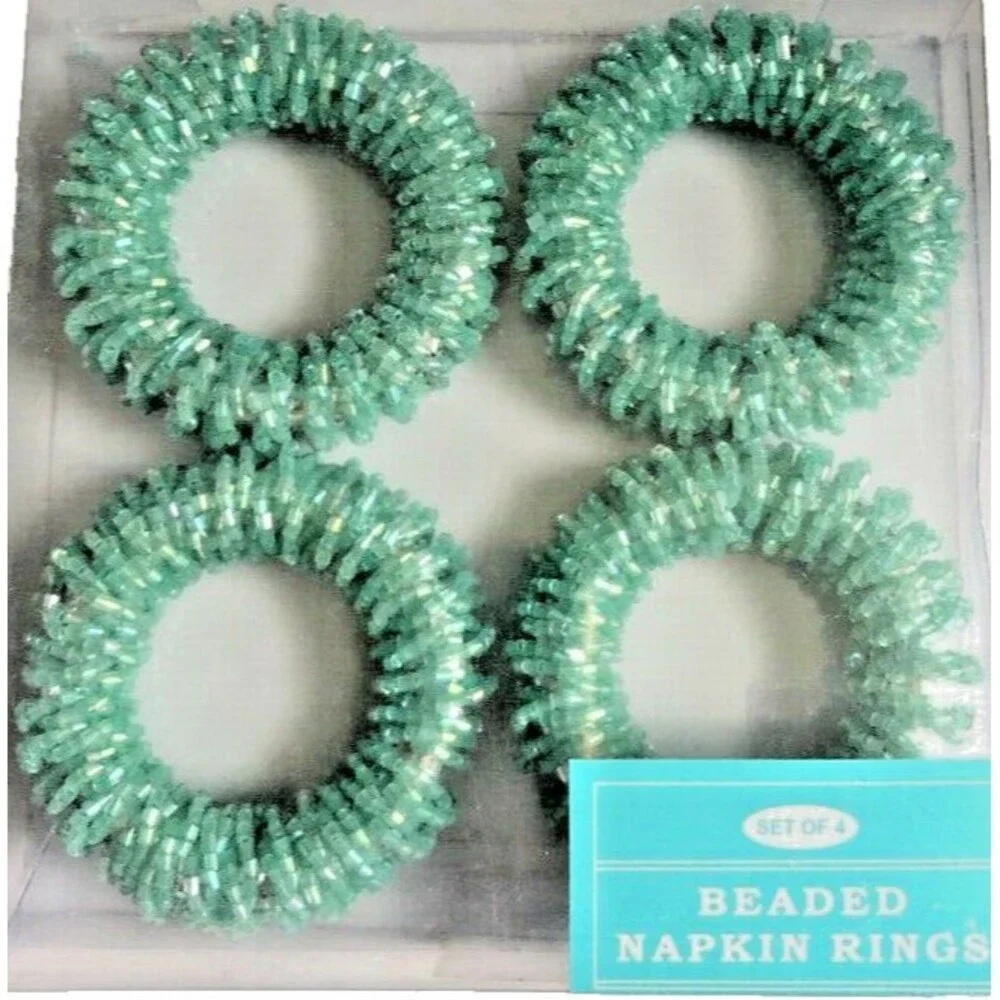 Nantucket Napkin Rings Fully Beaded Beach Summer Easter Blue Aqua Set of 4